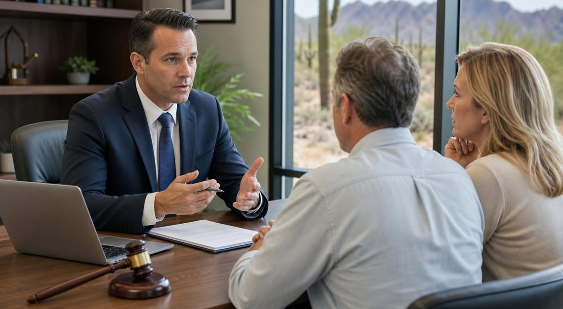 A lawyer consulting with a worried couple in an office with a desert landscape visible through the window.