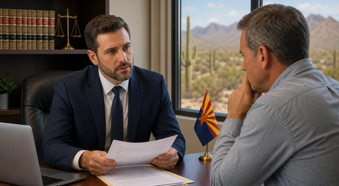A lawyer consulting with a concerned man in an office with an Arizona desert landscape visible through the window.