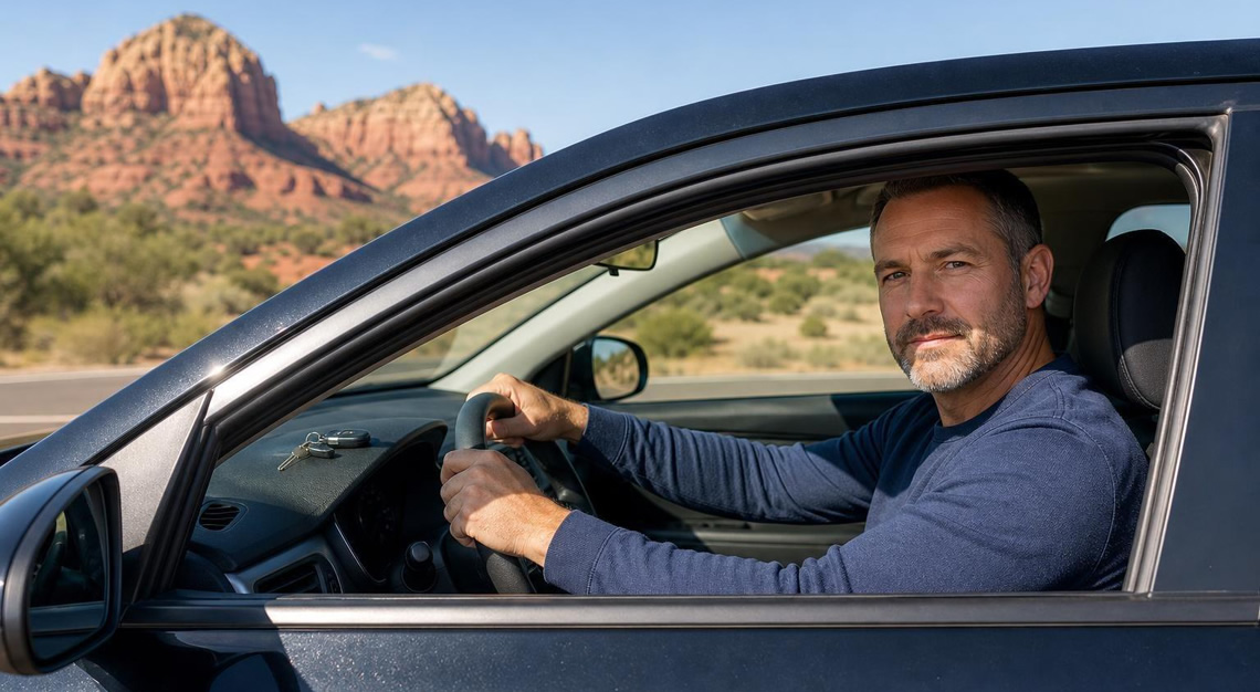 A middle-aged man sitting calmly in the driver's seat of a parked car on a desert highway with red rock formations in the background.