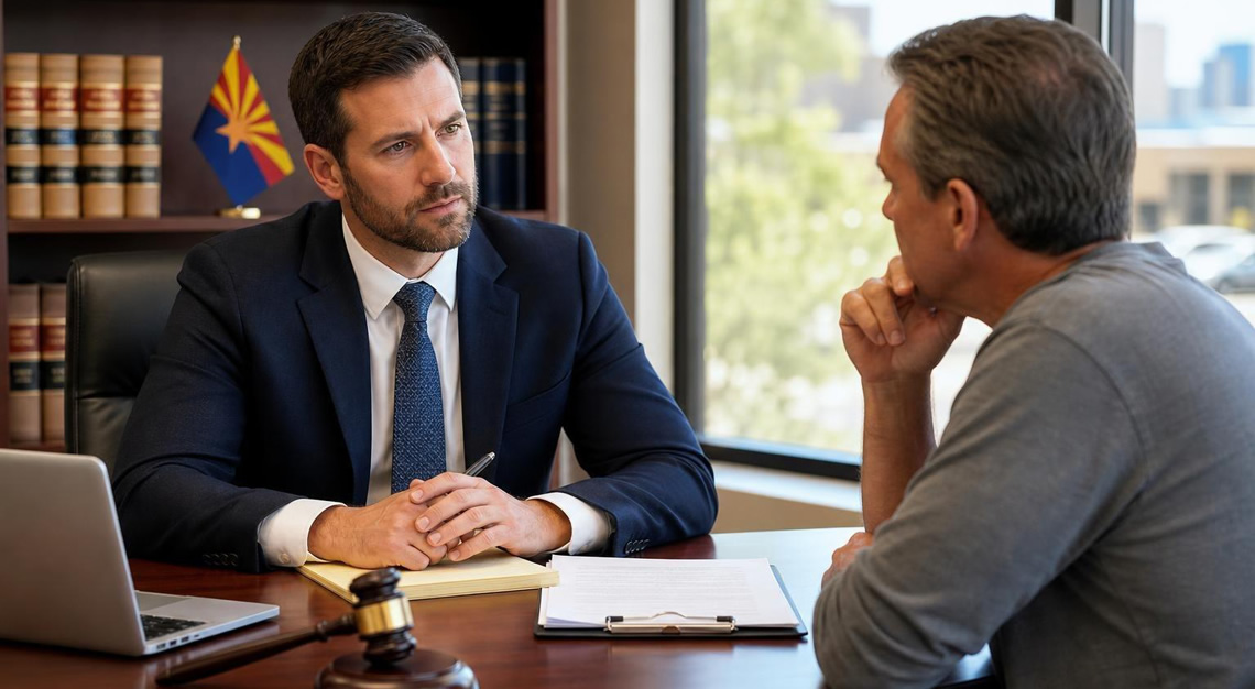 A lawyer and a client having a serious discussion in a law office with legal books and an Arizona flag in the background.