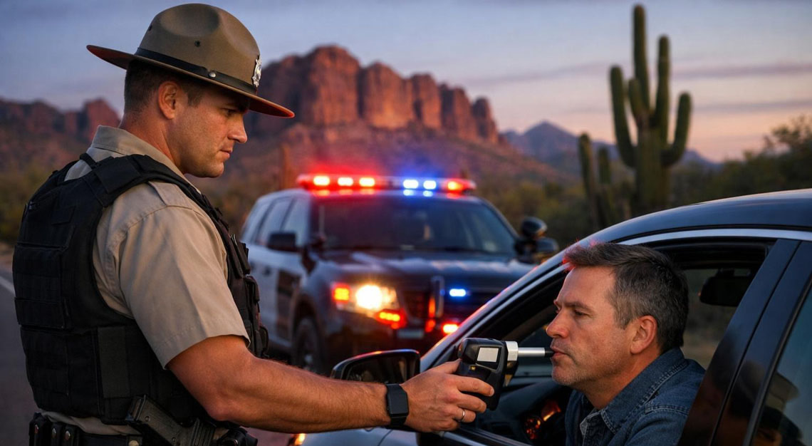 Police officer administering a breathalyzer test to a driver on a desert highway in Arizona with red rock formations in the background.