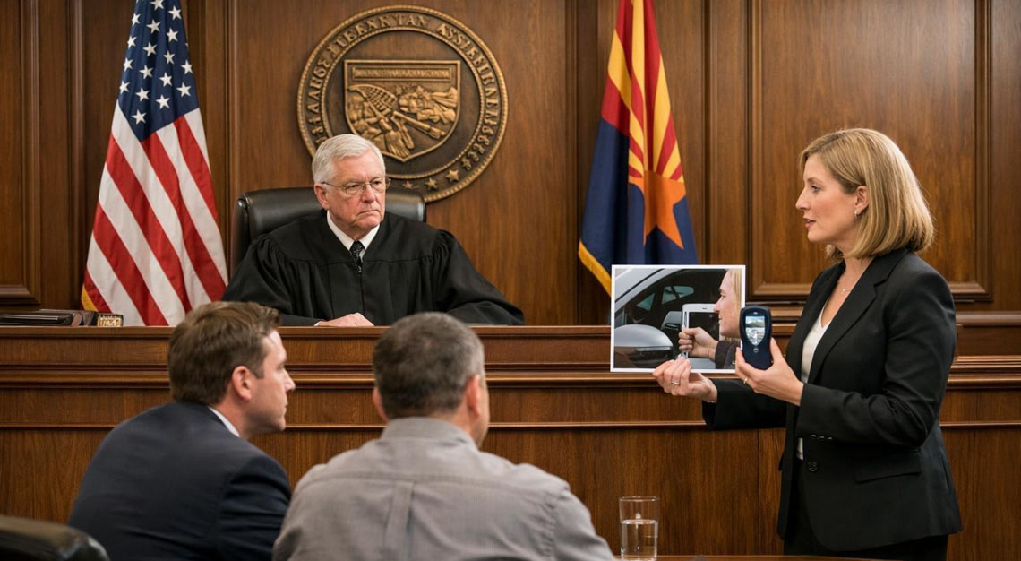 A courtroom scene showing a judge, a defendant with a lawyer, and a prosecutor during a legal proceeding.