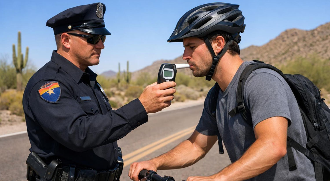 A police officer administering a sobriety test to a cyclist on a desert road with cacti in the background.