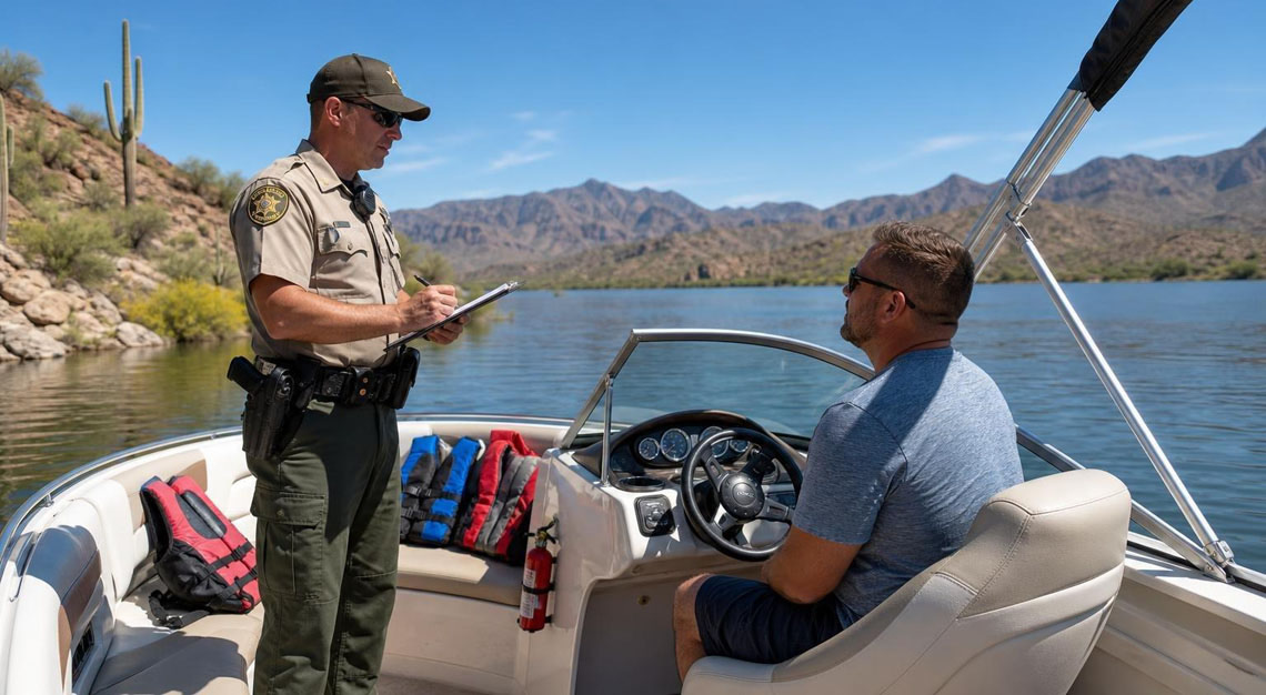 A law enforcement officer inspects a motorboat on a calm Arizona lake with desert landscape and mountains in the background.