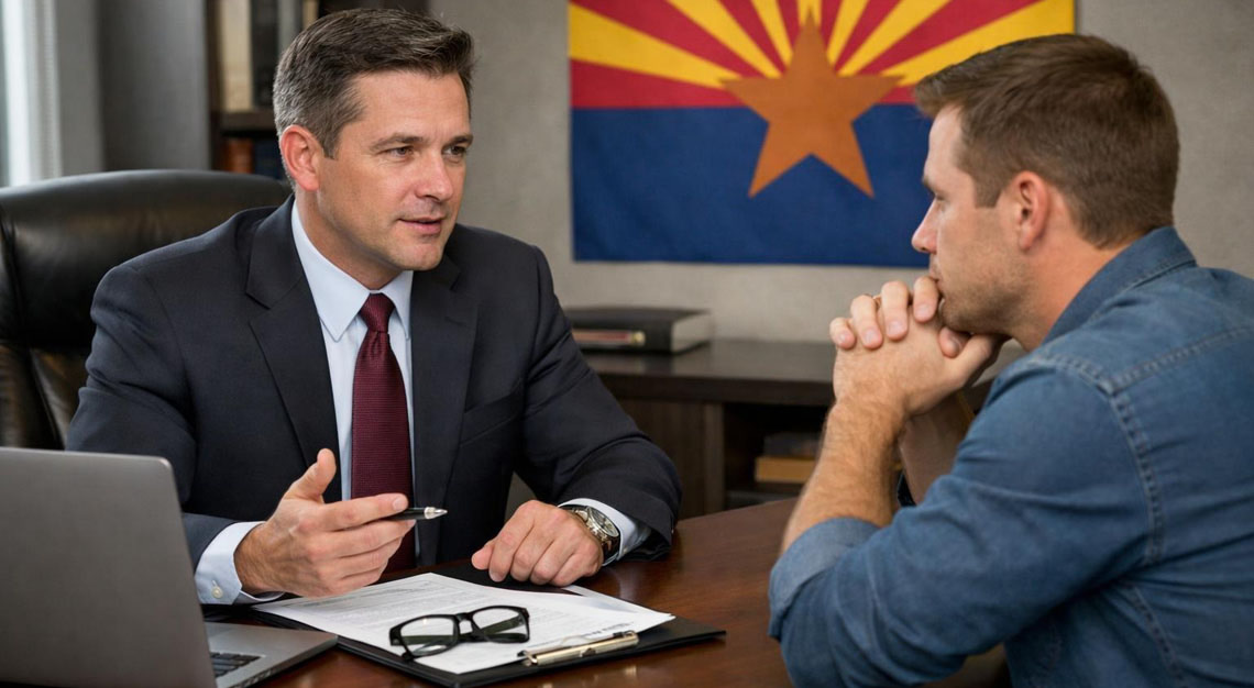 A lawyer and a client having a serious discussion in a modern office with an Arizona state emblem on the wall.