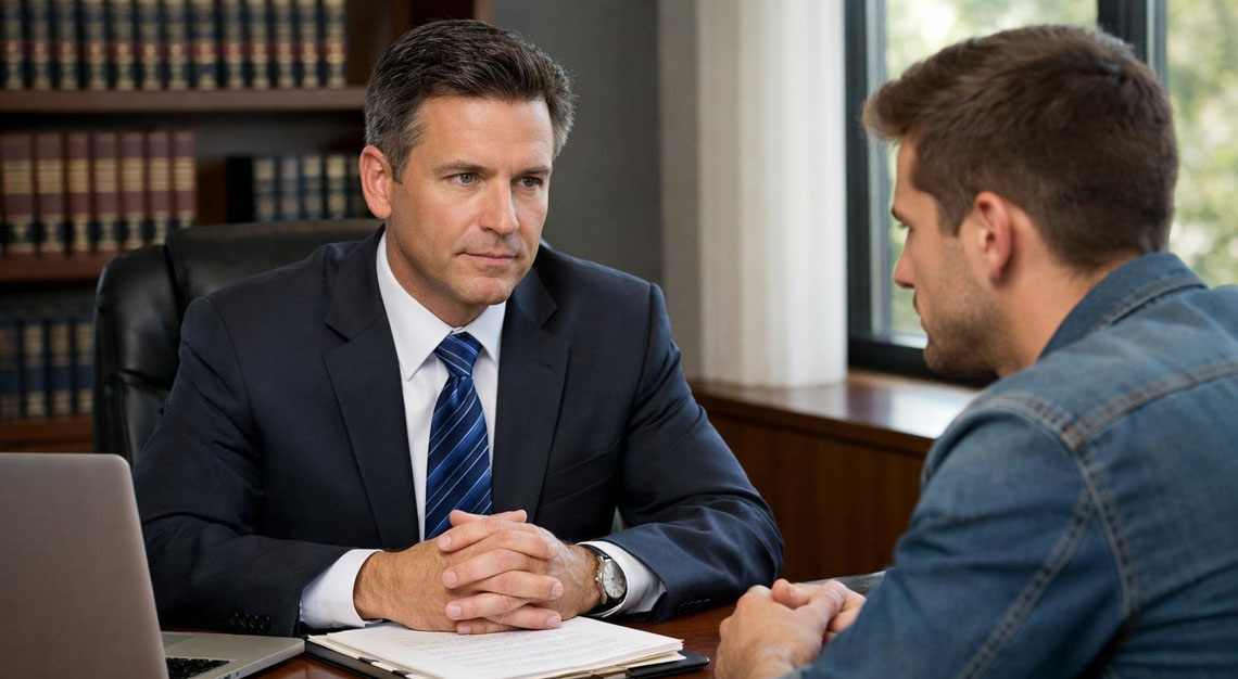 A lawyer consulting with a young man in an office, discussing legal matters related to driving.