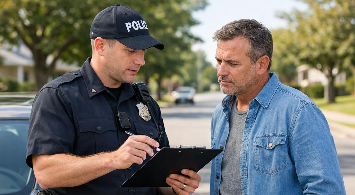 A police officer talking to a concerned driver beside a parked car on a suburban street during the day.