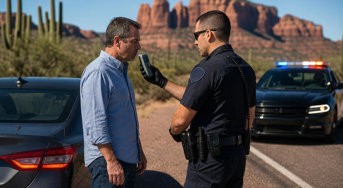 A police officer administering a breathalyzer test to a man beside a car on a desert highway with red rock formations and cacti in the background.