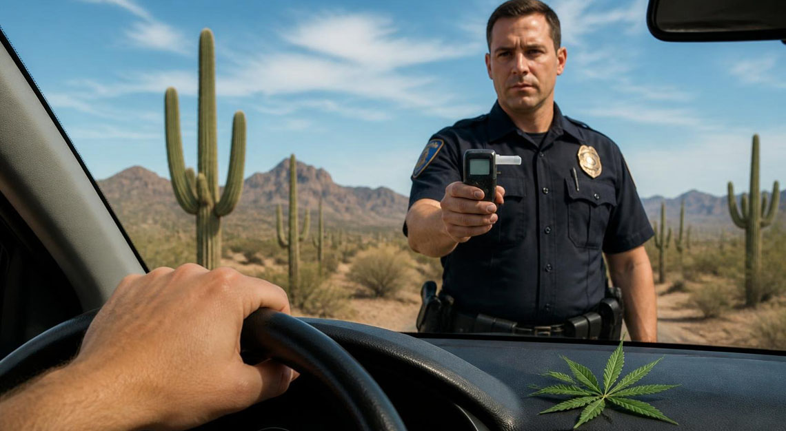 A driver holding a steering wheel with a small cannabis leaf on the dashboard, an Arizona desert with cacti outside, and a police officer approaching the car.