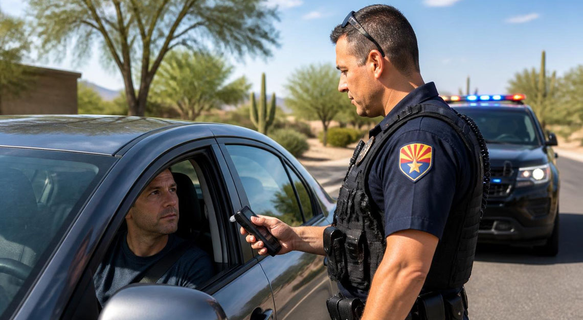 A police officer administering a roadside sobriety test to a driver seated in a car on a sunny Arizona street.