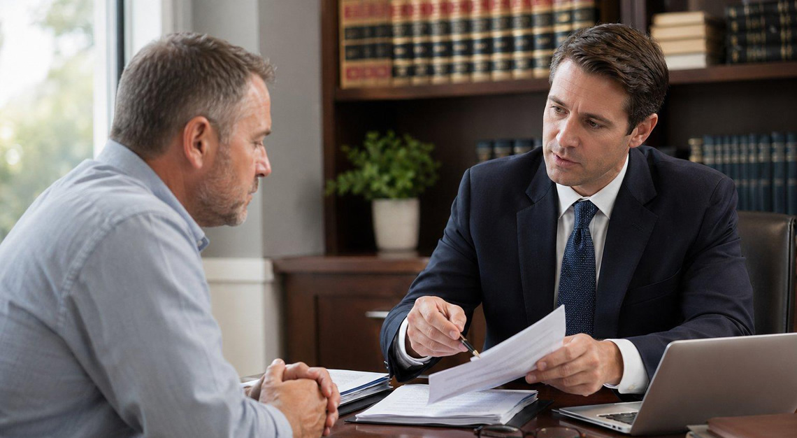 A man consulting with a lawyer in an office, reviewing legal documents together.