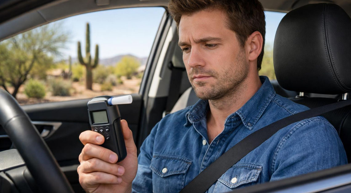 A young man sitting in a car holding a breathalyzer device with a concerned expression, with desert scenery visible outside the car windows.