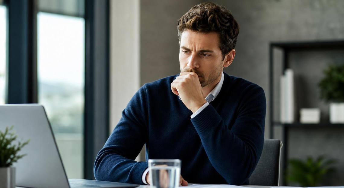 A young adult man sitting at a desk in an office, looking thoughtful and concerned.