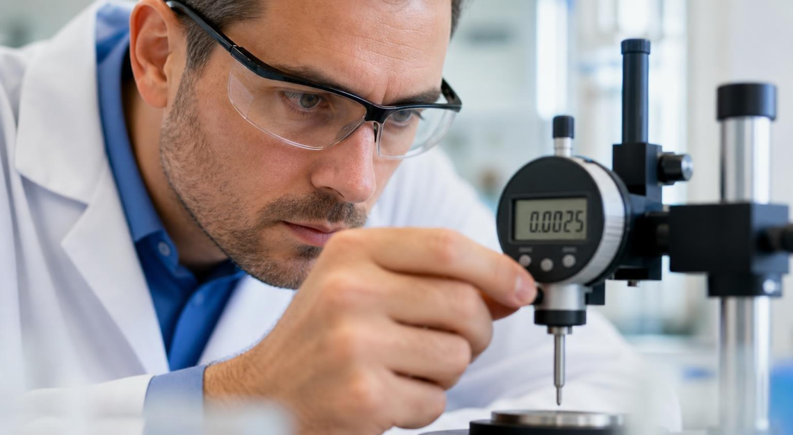 A medical professional carefully examining a measurement device in a laboratory setting.