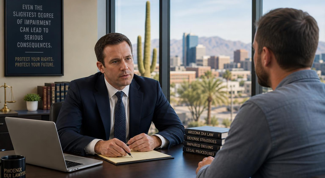 A lawyer and client talking in an office with a view of Phoenix city and desert plants outside.