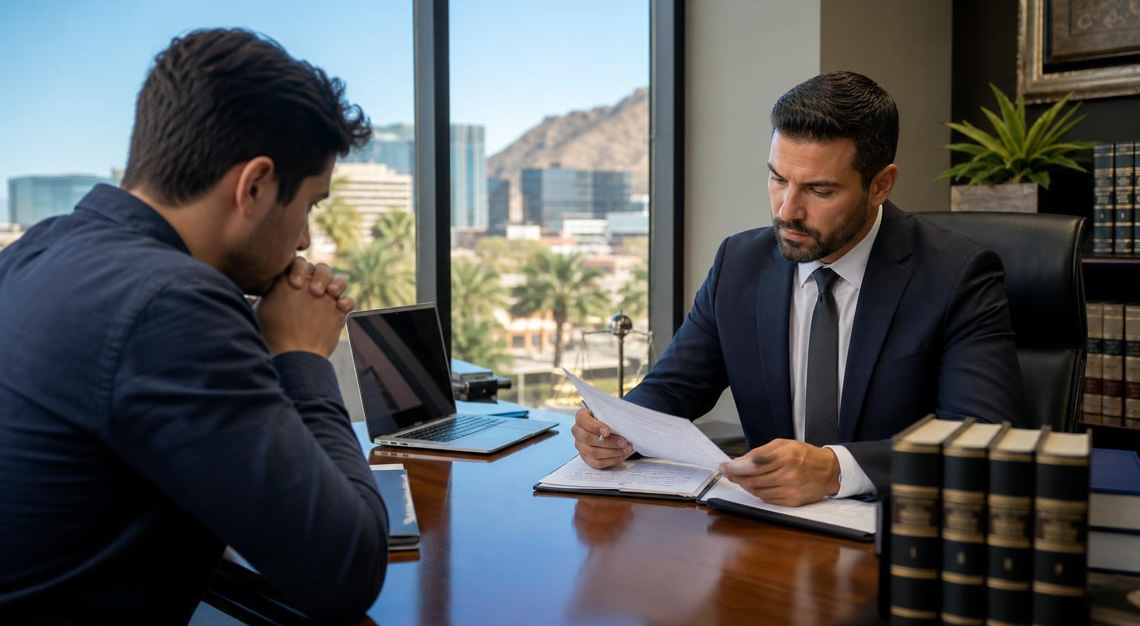 A lawyer and client discussing legal documents in an office with a view of an Arizona cityscape.